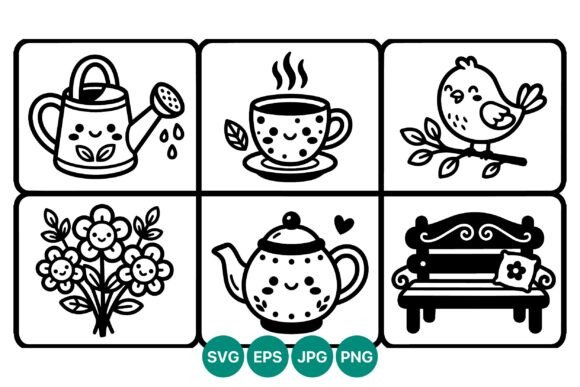 Cute Garden Watering Can and Tea Cup Vector Icons