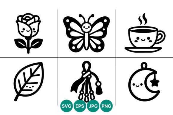 Cute Kawaii Black White Icon Set for Design