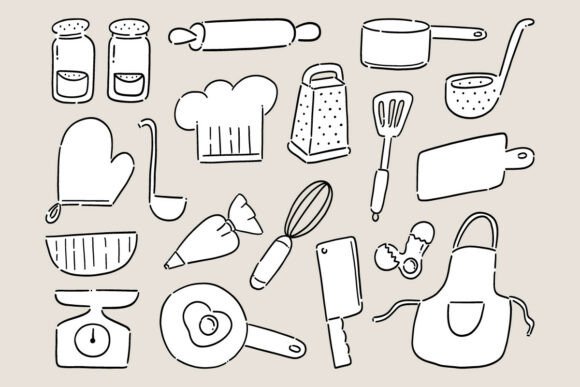 Cute Kitchen Utensils Doodle Vector Set