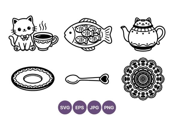Elevating Digital Design with Cute Cat Tea Set Line Art